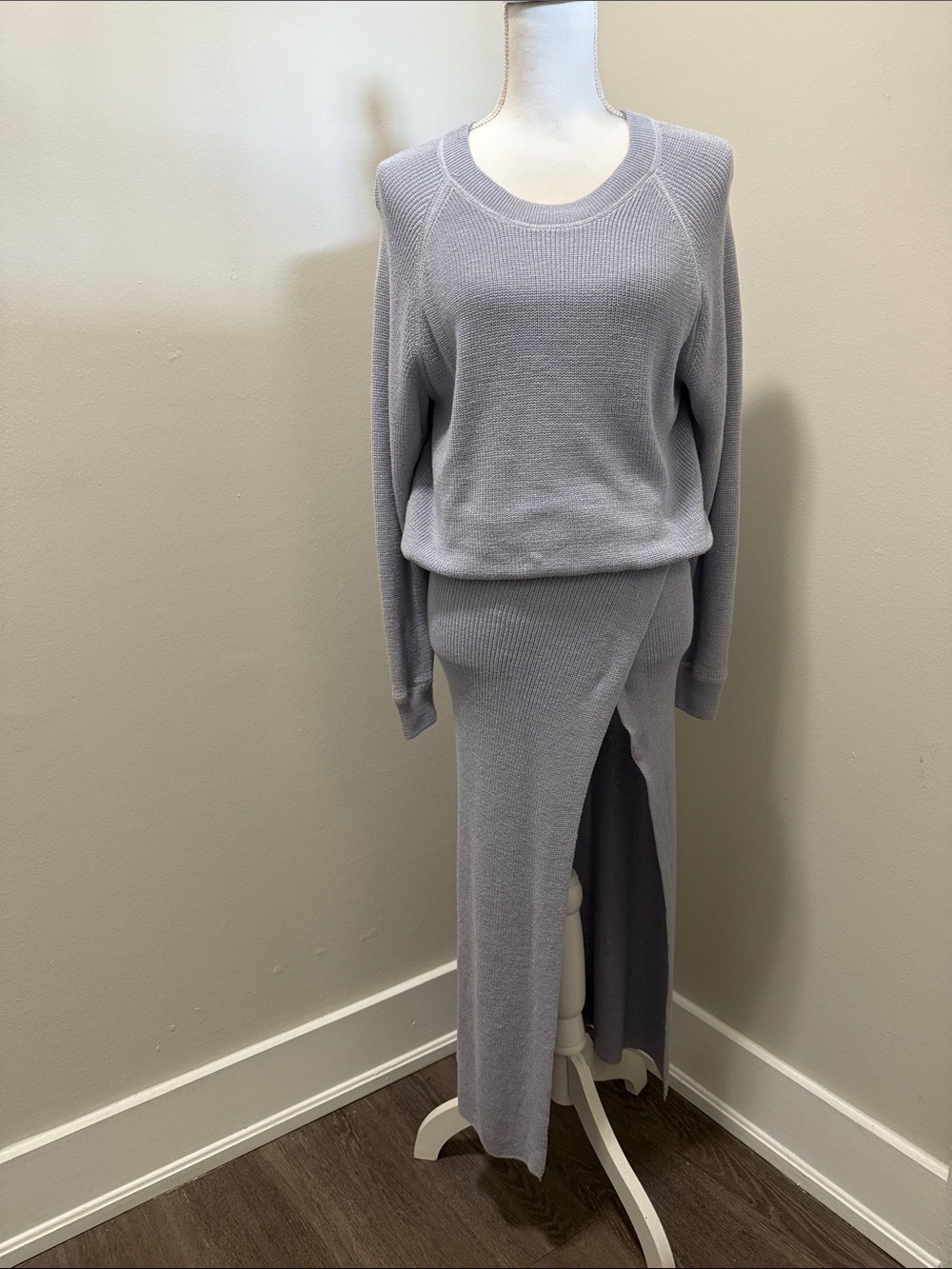 Soft Knit Lavender Skirt Set - Cozy Crewneck Sweater & Slit Maxi Skirt